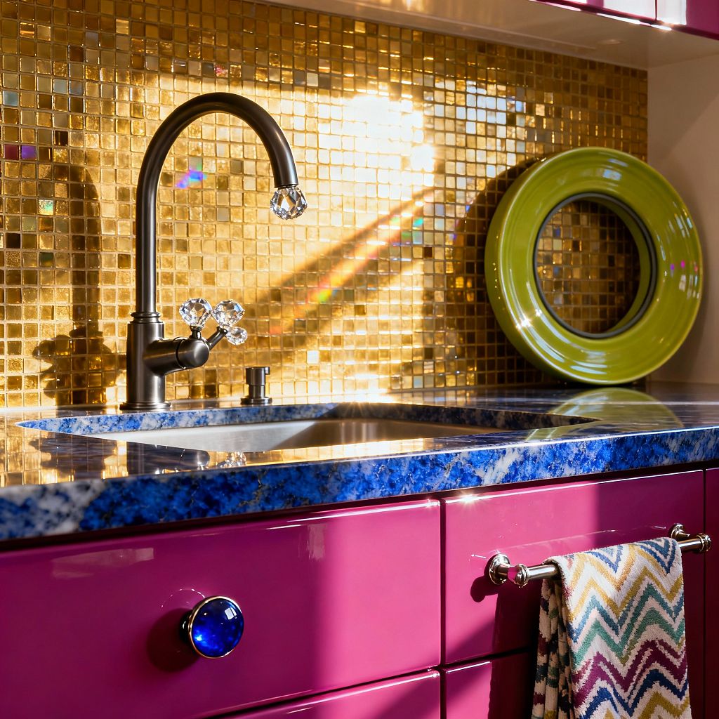 Close-up of a laundry room sink with an arched black faucet topped with crystal-style handles, set in a vivid blue stone countertop. A shimmering gold square-mosaic backsplash reflects light, glossy magenta cabinets sit below with a cobalt glass knob, a chrome towel bar holds a chevron hand towel, and a lime green circular platter leans against the wall.