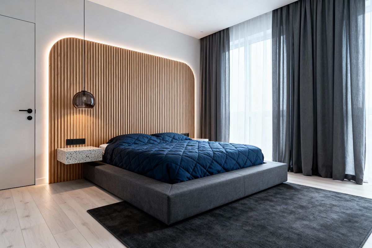 Room AI – Halo-Lit Oak Slat Headboard Bedroom - Interior Design Ideas