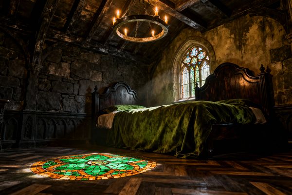 A dark Gothic bedroom shows rough stone walls, aged plaster, and exposed timber beams, centered on a carved dark wood bed dressed in forest‑green velvet. Light streams through a pointed-arch stained‑glass window, projecting a circular pattern of green and amber onto the herringbone wood floor, while an iron ring chandelier with candle bulbs hangs above, deepening the moody, medieval character.