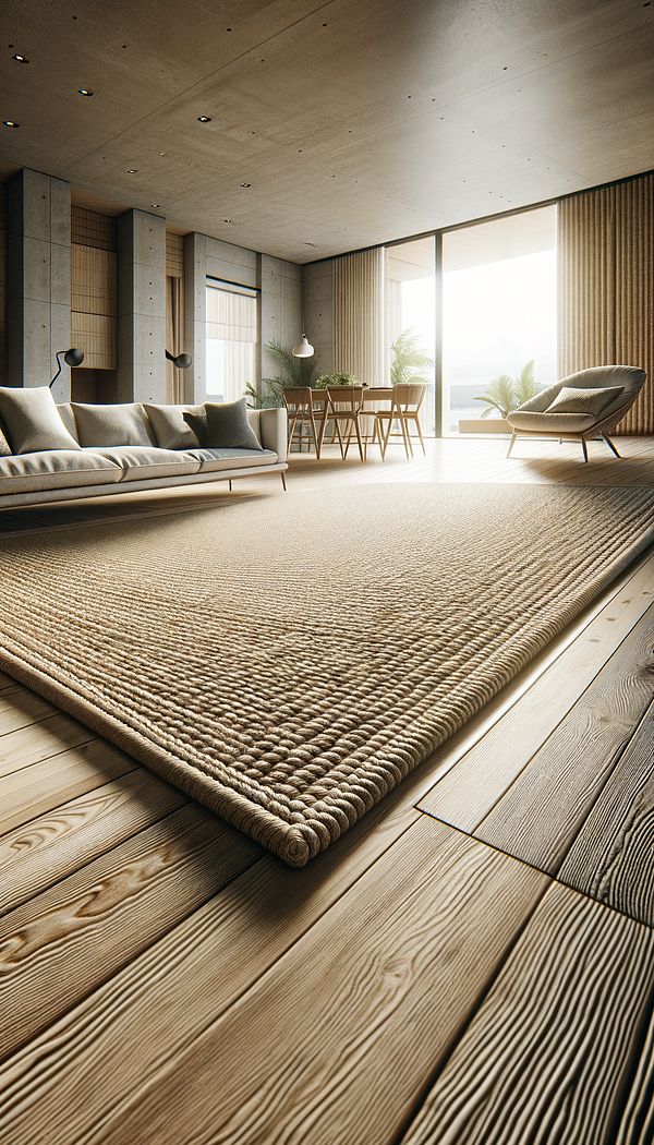 A beautifully designed living room featuring a large sisal rug, with natural light streaming in, highlighting its texture and the warm, earthy ambiance it adds to the space.