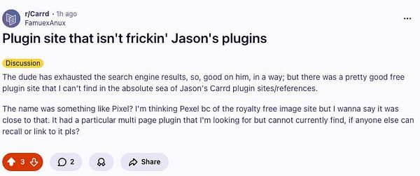 Screenshot of a Reddit discussion on the user 'frickin_jason's' plugins for Carrd.