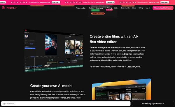 Screenshot of a video editor demo interface with a preview of a video showing a black dog in water and a timeline control.