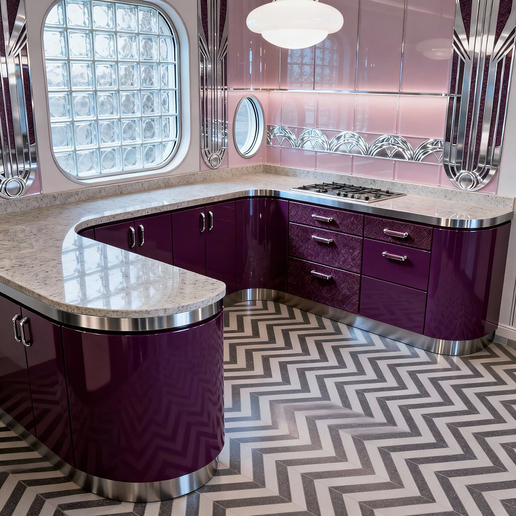 An Art Deco–inspired laundry room with L-shaped counters and rounded corners, finished in glossy plum cabinetry with stainless steel edging and pulls and topped by pale stone-look quartz. Blush pink, high-gloss wall panels with chrome fan motifs sit beside a large glass-block window and a small round porthole window; a white globe pendant hangs overhead, and a gray-and-white chevron floor emphasizes the room’s crisp geometry and glamorous sheen.