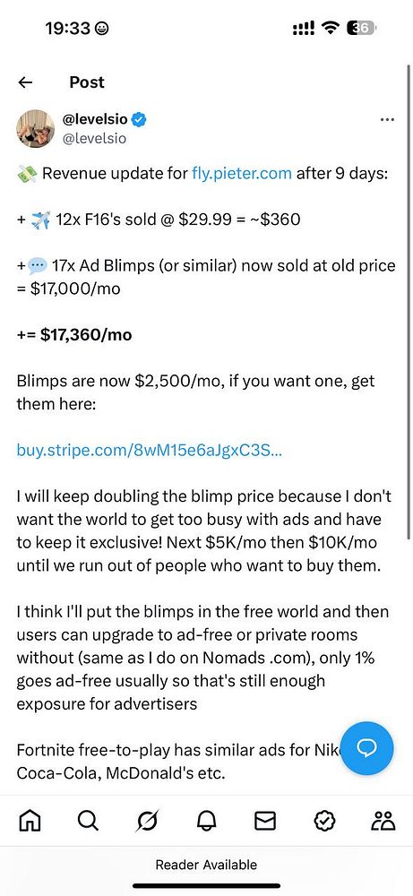 A Twitter post detailing revenue updates and pricing for ad blimps.