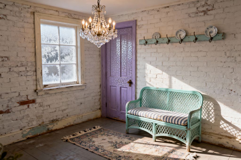 A shabby chic mudroom with whitewashed brick walls, a frosted-paned window, and a crystal chandelier. A lavender, crackle-painted wooden door sits beside an aqua peg rail with wrought-iron hooks displaying blue-and-white plates. A mint-painted rattan settee with a gray-and-cream striped cushion rests above a faded floral runner on worn wood floors, capturing a softly lit, timeworn charm.