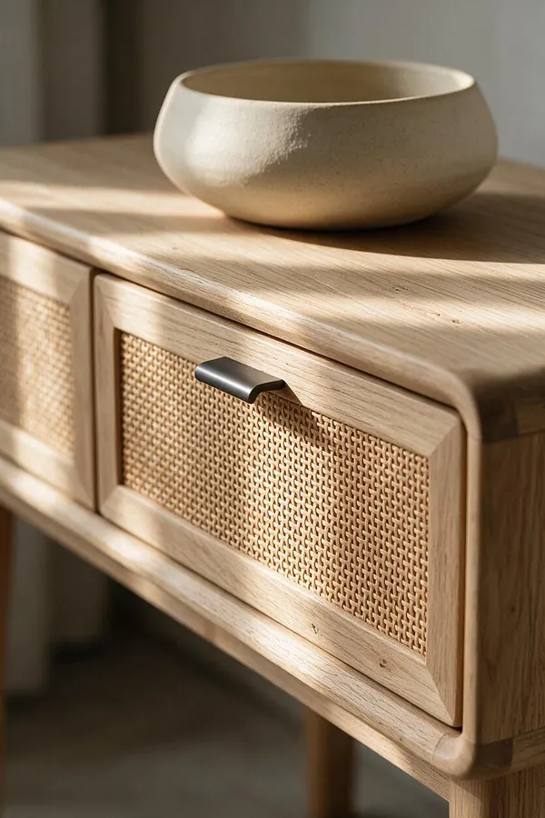 A close-up of a light oak cabinet with rounded edges, woven cane panel doors, and a small dark metal pull. A matte beige ceramic bowl sits on top, with warm sunlight highlighting the wood grain and textured surfaces.