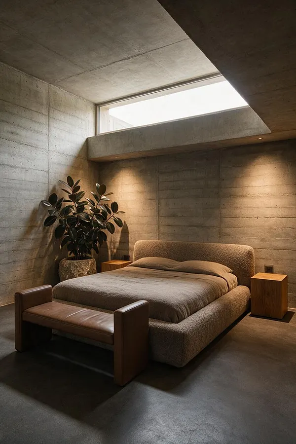 A minimalist guest bedroom with exposed concrete walls and ceiling, a low upholstered bed, a leather bench at the foot of the bed, and simple wood nightstands. A large window near the ceiling brings in natural light, while a potted plant adds softness to the otherwise raw, Brutalist space.