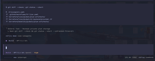 Terminal interface showing git commands and task details related to Terraform and GitHub Actions automation.