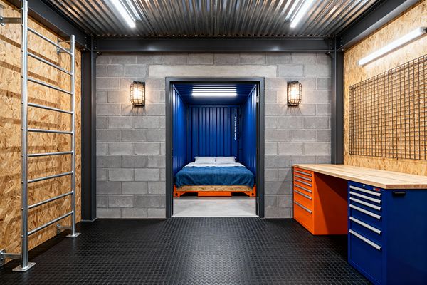 A kids’ room styled like a workshop shows a cobalt-blue shipping container alcove centered in a gray cinder block wall, holding a bed with blue bedding. To the right, a butcher-block workbench sits over blue and orange tool-chest drawers beneath a wire grid panel; to the left, a metal climbing ladder is mounted on OSB wall panels. A corrugated metal ceiling with strip lights, cage sconces, and black rubber flooring complete the industrial look.