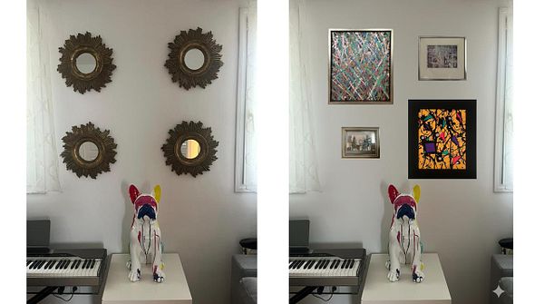 Interior room mockup featuring three modern paintings on a pale green wall with contemporary furniture and plants.