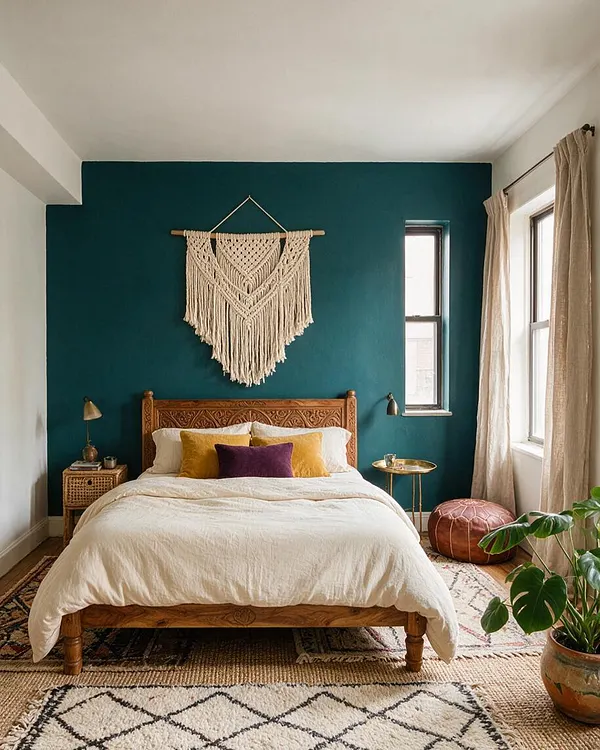 A cozy bohemian master bedroom with a carved wooden bed centered on a deep teal accent wall. The room features a large macramé wall hanging, cream bedding with mustard and plum pillows, beige curtains, woven rugs, and natural wood and brass accents.