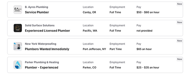 A list of new plumbing job openings with details on location, employment type, and pay rates.