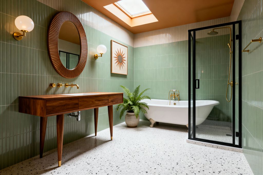 A mid-century modern bathroom with vertically stacked sage-green wall tiles and a terracotta ceiling with a skylight. A walnut console vanity on tapered legs sits beneath a ribbed oval wood mirror and globe sconces; brass wall-mounted faucet, towel bar, and shower fittings complement a white clawfoot tub, black-framed glass shower, terrazzo floor, a potted fern, and a sunburst artwork.