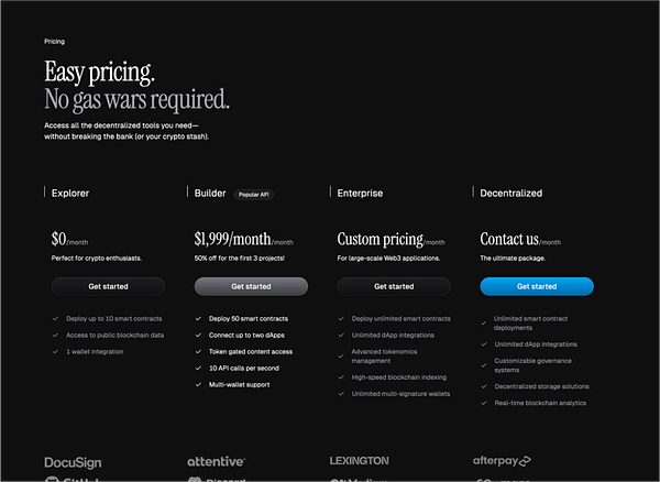The image displays a pricing table for a decentralized tools service with various subscription options.
