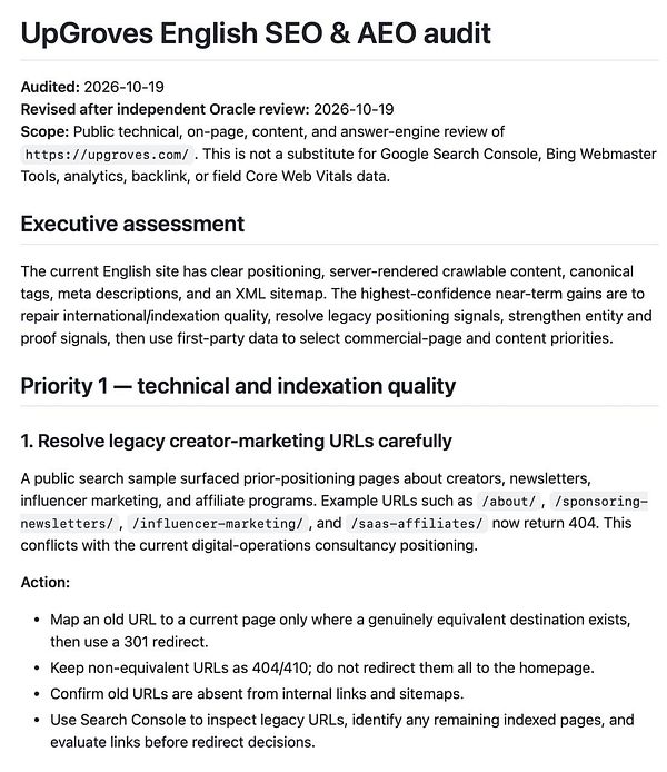 Excerpt from the UpGroves English SEO & AEO audit report focusing on technical and indexation quality with actions to resolve legacy URLs.