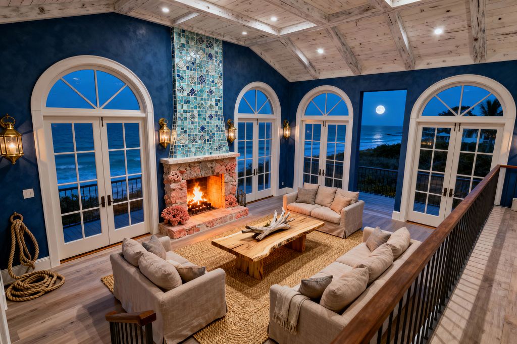 A coastal living room with deep blue walls centers on a lit stone fireplace topped by a vertical sea-glass mosaic chimney. Three beige linen sofas sit on a braided jute rug around a live-edge wood coffee table holding driftwood. The space has a whitewashed vaulted ceiling with recessed lights, brass lantern sconces, and arched French doors that open to a balcony overlooking the ocean at night, with the moon visible; a coil of nautical rope rests by the doorway.