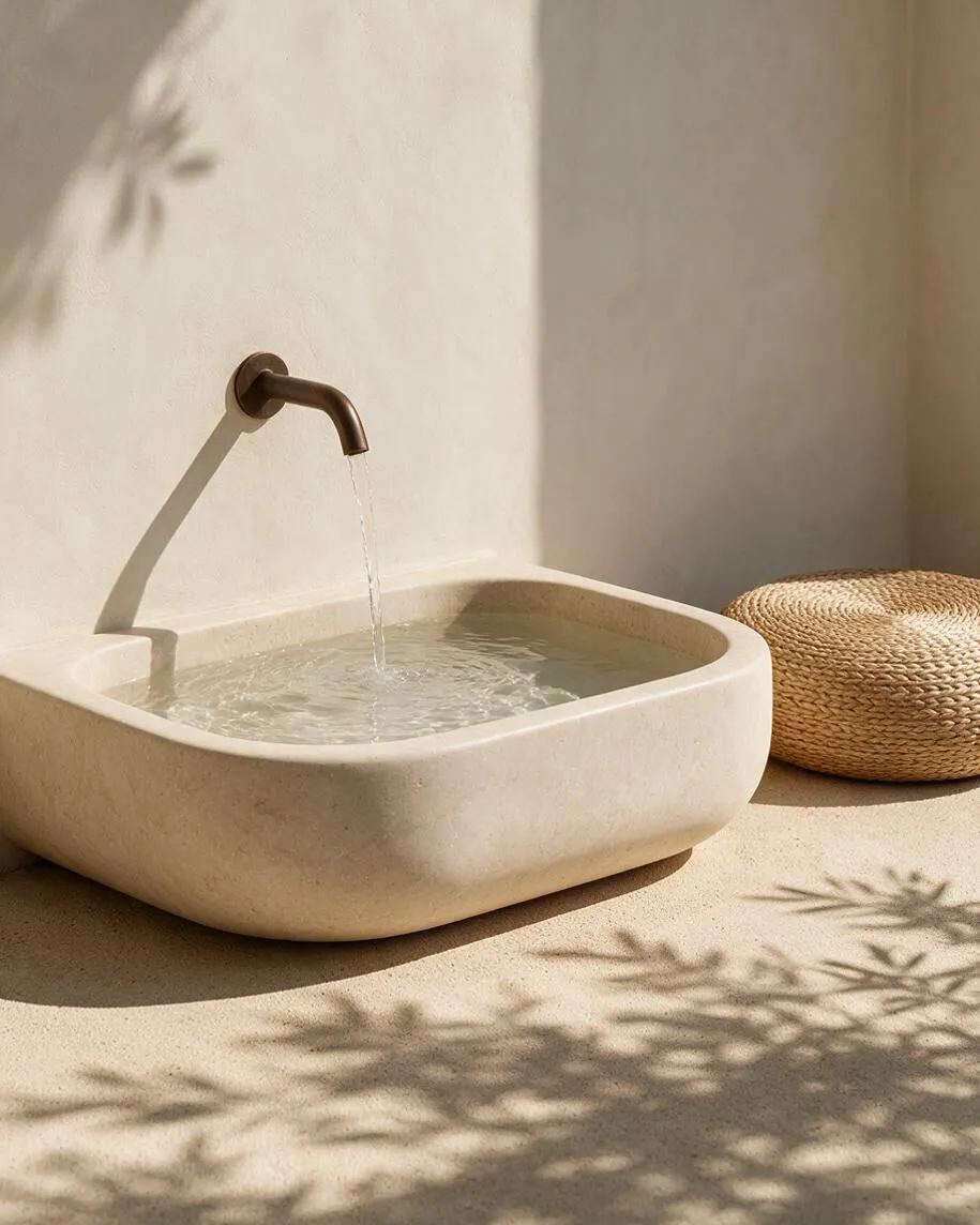 A serene outdoor corner features a sculptural cream stone basin with gently rounded edges, filled by a bronze wall-mounted spout. Warm sunlight casts soft plant shadows across the pale stucco wall and sandy floor, while a woven round pouf adds natural texture beside the basin.