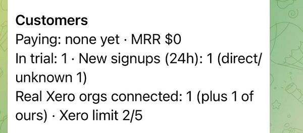 Text update on customer and subscription status including trial, signups, and Xero connections.