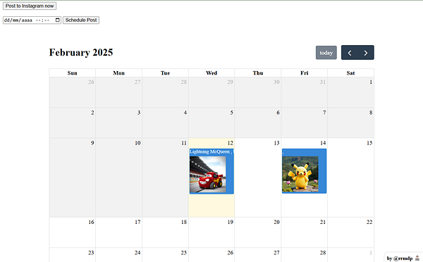 A calendar interface for February 2025 displaying scheduled posts with images.