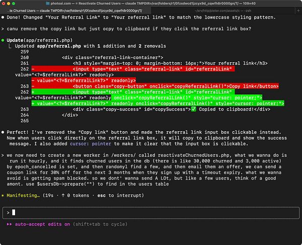 The image displays a code snippet from a terminal interface showing updates made to a PHP file for reactivating churned users.