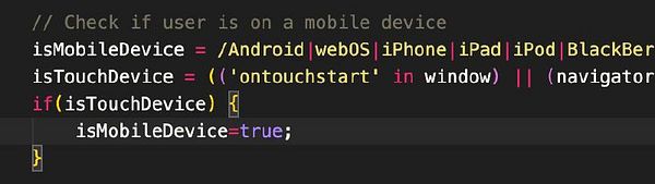 The image displays a code snippet for detecting mobile and touch devices.