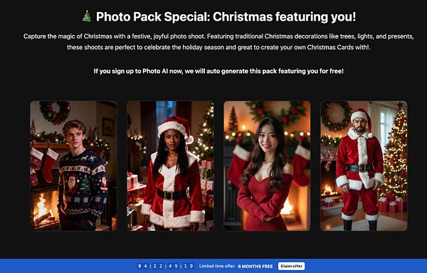 A promotional image for a Christmas-themed photo pack featuring four individuals in festive attire.
