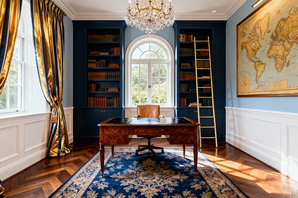 A symmetrical traditional home office centers on an arched window flanked by deep navy built-in bookcases filled with leather-bound books and a brass library ladder. A mahogany desk with a black leather inlay faces the window beside a tan leather chair; a crystal chandelier, gold-and-navy striped drapery, white wainscoting, a large framed vintage world map, and a blue floral rug over herringbone hardwood floors create a warm, refined atmosphere.