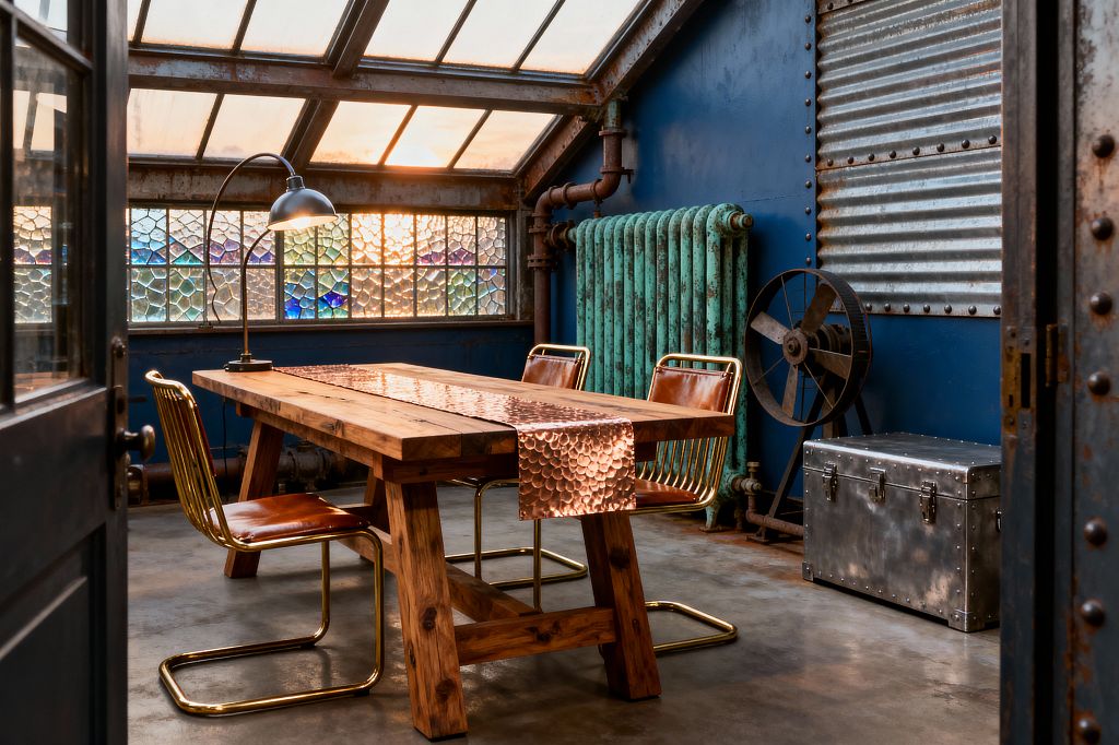 A compact steampunk dining room with a reclaimed wood trestle table topped by a hammered copper runner and surrounded by brass cantilever chairs with cognac leather seats. Deep blue walls, corrugated steel, exposed pipes, a verdigris cast-iron radiator, a riveted metal trunk, and a large gear accent sit on a concrete floor, while a sloped glass roof and textured stained windows cast warm sunset light across the space.