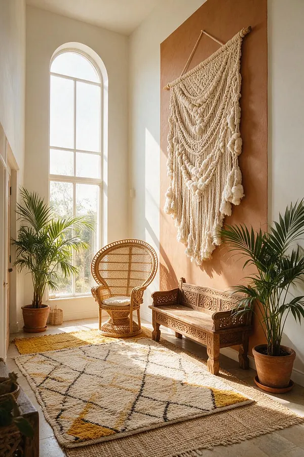 A bright bohemian entryway with a tall arched window, a woven rattan chair, and an ornate carved wooden bench. A large macramé wall hanging decorates a warm terracotta accent wall, while potted palm plants and layered neutral rugs with mustard geometric patterns add texture and warmth.