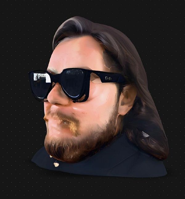 A stylized 3D rendering of a man with sunglasses and a beard.