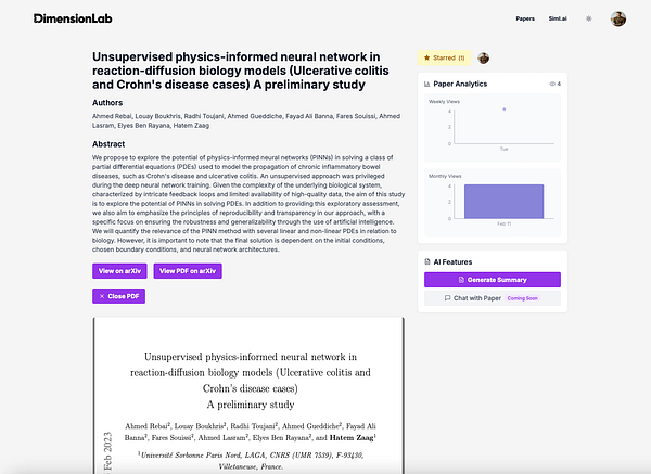 The image displays a research paper titled 'Unsupervised physics-informed neural network in reaction-diffusion biology models (Ulcerative colitis and Crohn's disease cases): A preliminary study.'