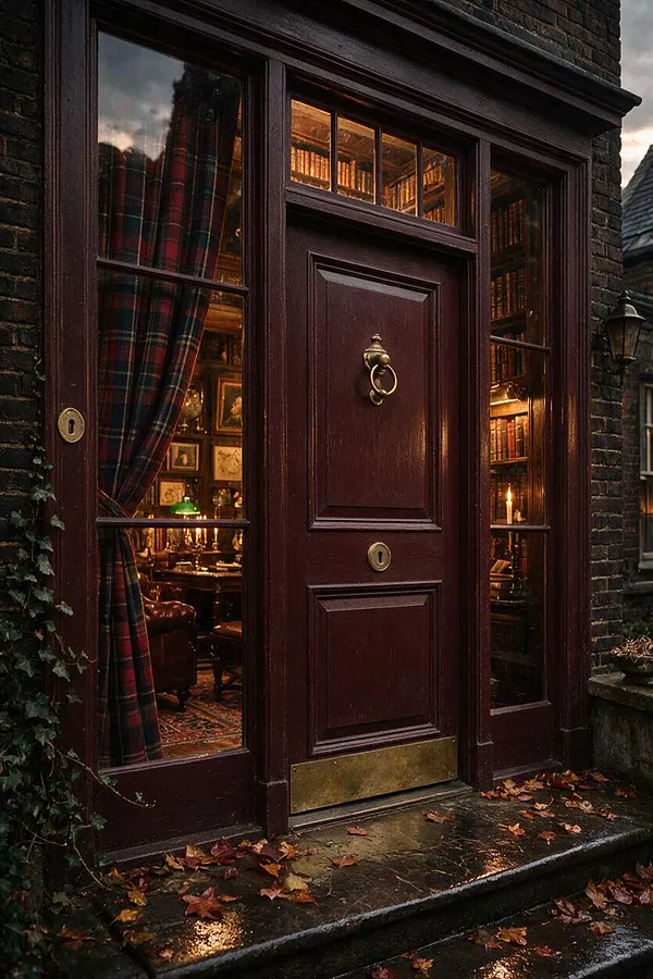 A dark burgundy townhouse entrance with a paneled wooden door, brass hardware, and tall glass sidelights revealing a warmly lit, book-filled interior. Plaid curtains, ivy, wet stone steps, and fallen autumn leaves reinforce the moody Dark Academia atmosphere.