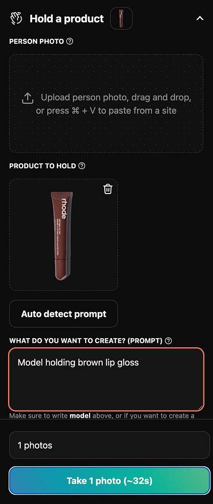 The image displays a user interface for a photo generation tool focused on product photography.
