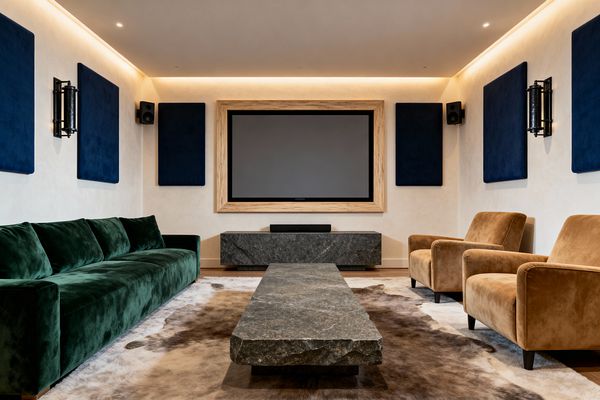 A symmetrical media room centers on a large screen framed in light oak with a floating stone console below, navy acoustic panels on cream plaster walls, and black wall sconces. Seating comprises a long forest‑green velvet sofa opposite two camel velvet armchairs, oriented to a rough‑cut gray stone coffee table atop a cowhide rug, while compact black speakers and warm cove lighting with recessed spots create an immersive, cinema‑like atmosphere.