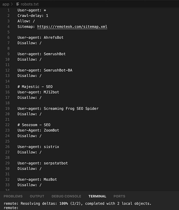 The image displays a code snippet of a robots.txt file along with terminal output.