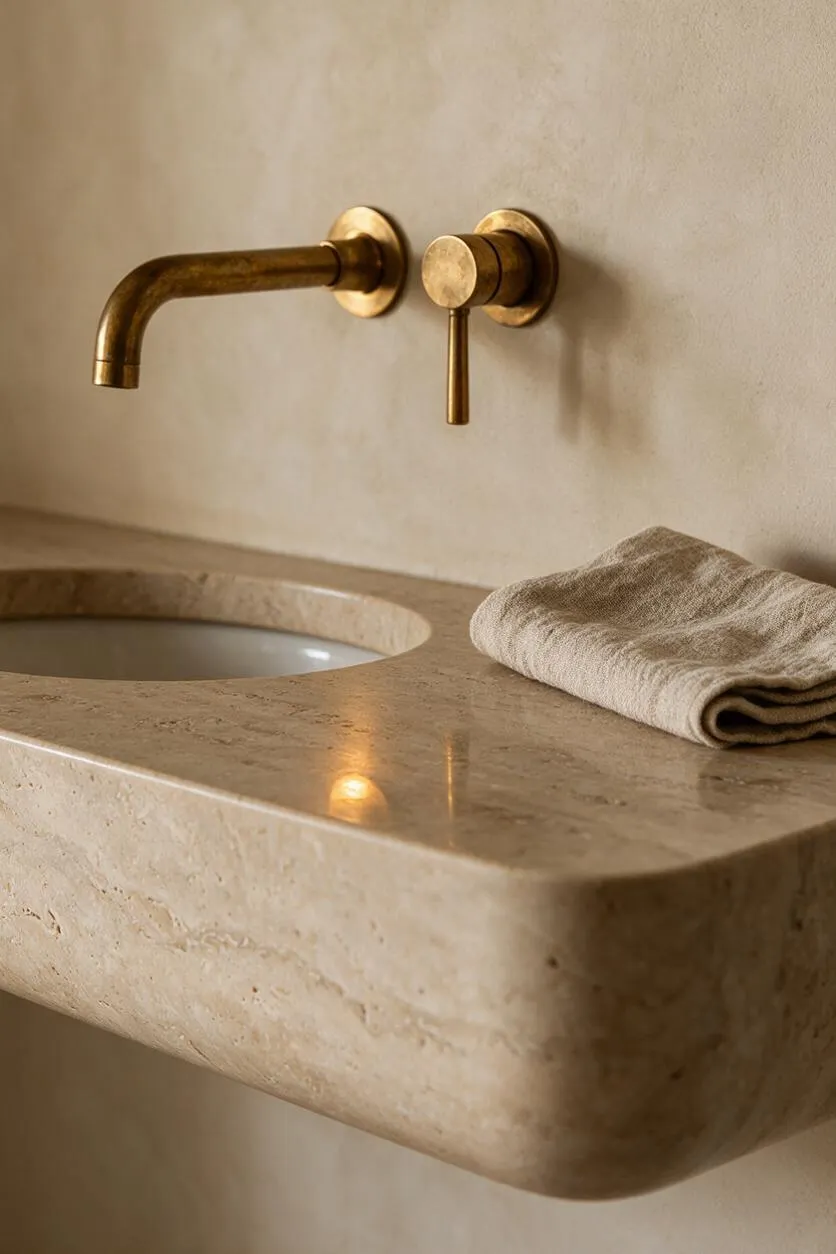 A close-up of an Organic Modern bathroom detail featuring a floating travertine sink with a rounded basin and smooth slab front. A wall-mounted brushed brass faucet and lever sit above a folded beige hand towel on the counter.