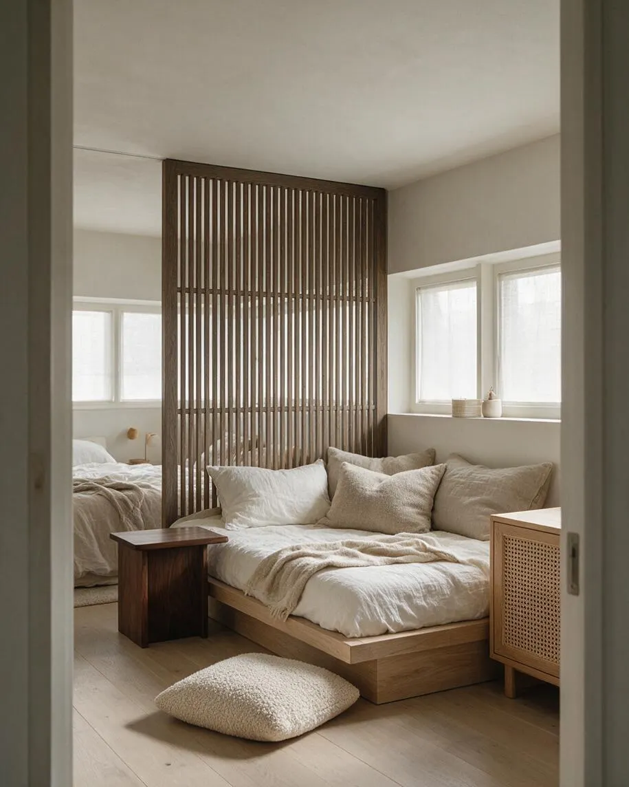 A serene Japandi-style sunroom with a low wood daybed covered in cream bedding and neutral pillows, set beside a small dark wood table and a cane-front cabinet. A tall slatted wood divider separates the seating area from a softly layered sleeping nook, while pale walls, sheer daylight, and a textured floor cushion create a calm, natural atmosphere.