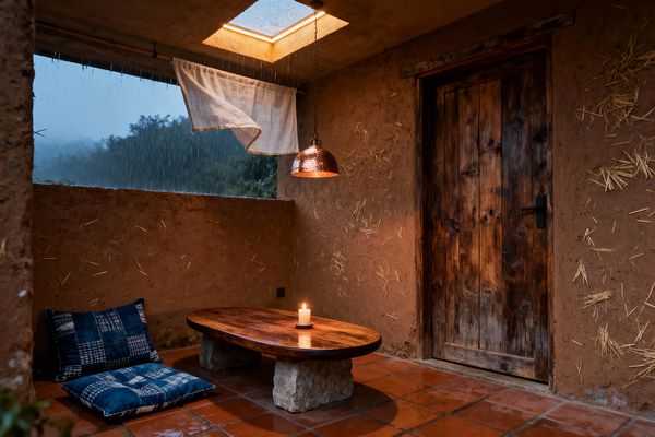 A small, rustic dining nook features a low oval wooden table resting on rough stone blocks, topped with a single lit candle. Two indigo patchwork floor cushions sit on terracotta tiles. The room has earthen plaster walls embedded with straw and a weathered wooden door. A hammered copper dome pendant hangs from the ceiling near a skylight, while a gauzy white curtain softens an open window. Rain falls outside, creating a moody, tranquil atmosphere with warm, natural textures.