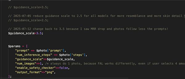 The image displays a code snippet related to adjusting a guidance scale in a photo generation process.