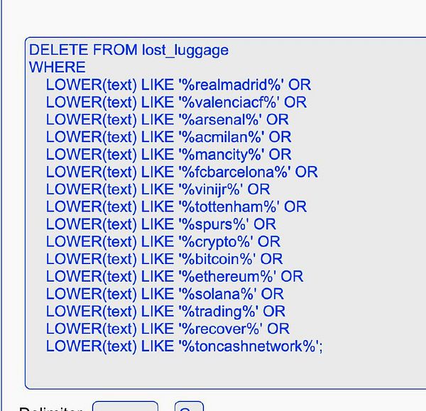 The image displays a SQL query for deleting entries from a database table related to lost luggage.