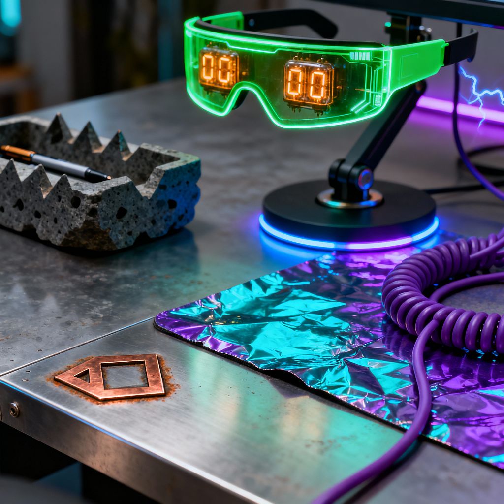 A cyberpunk-inspired home office desktop features a brushed stainless-steel surface, a jagged volcanic-stone tray with a pen, and a translucent neon-green visor on an articulated arm whose circular base glows blue-purple. An iridescent teal-and-violet mylar mat sits beside a coiled purple cable and a small copper emblem, with soft neon strips illuminating the background.