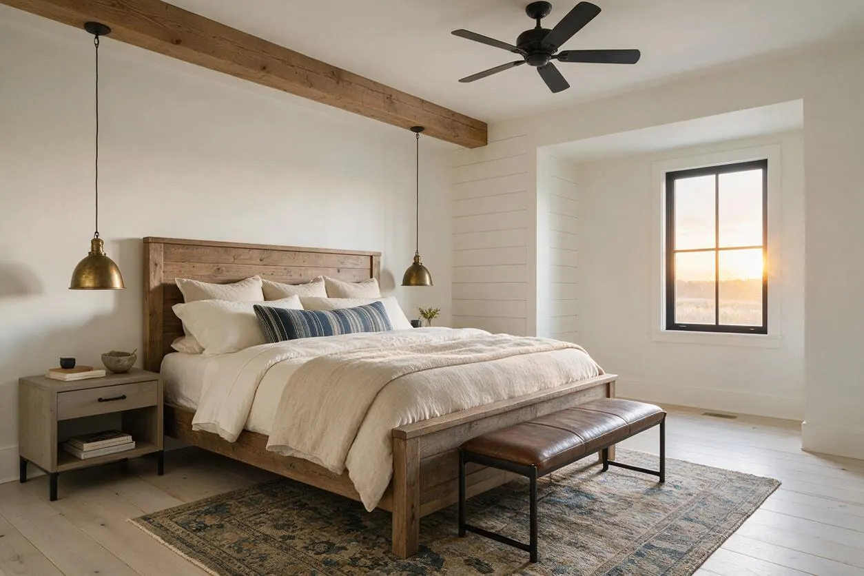 A spacious farmhouse master bedroom with a rustic wood bed frame, cream bedding, and a blue striped accent pillow. Brass pendant lights hang on either side of the bed, a dark ceiling fan sits overhead, and a wood bench with leather cushioning rests at the foot of the bed. The room features a large window with sunset light, white walls, pale wood floors, and a muted vintage-style area rug.