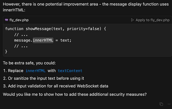 The image displays a code snippet from a PHP file discussing security improvements for a message display function.