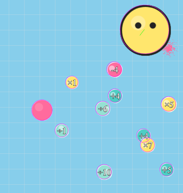 The image depicts a colorful, interactive math game interface designed for children, inspired by agar.io.