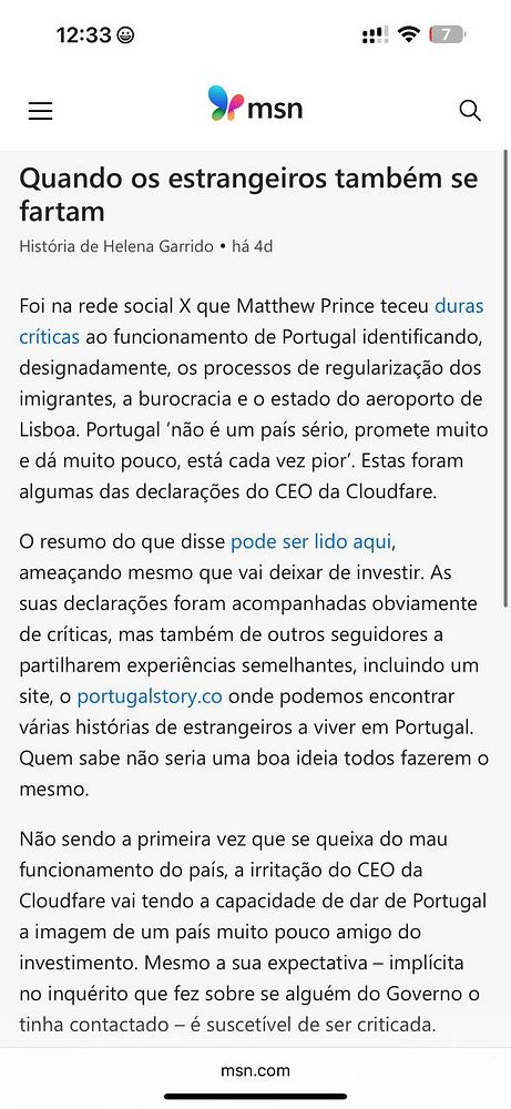 The image displays a mobile screenshot of an article titled 'Quando os estrangeiros também se fartam' from MSN Portugal.
