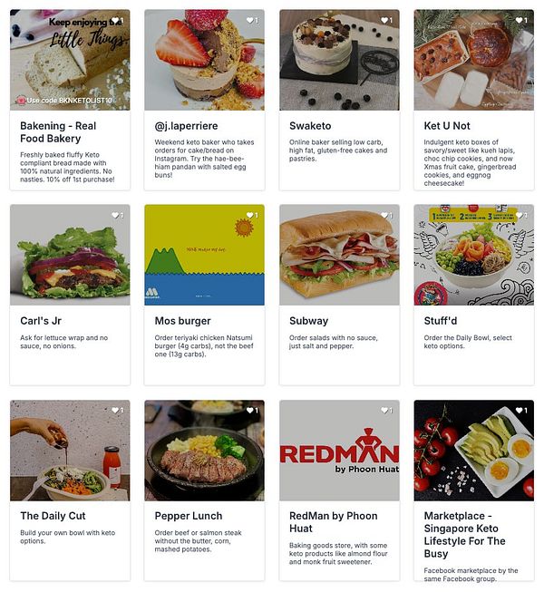 A collage of various keto-friendly food listings from different vendors.
