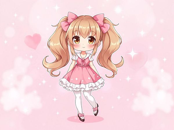 A cute anime-style character with long hair and a pink dress stands against a soft pink background.