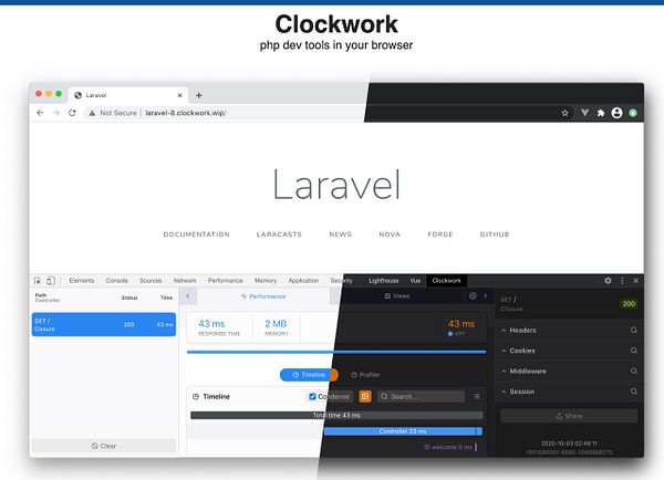 The image displays the Clockwork debugging tool integrated into a Laravel application in a web browser.