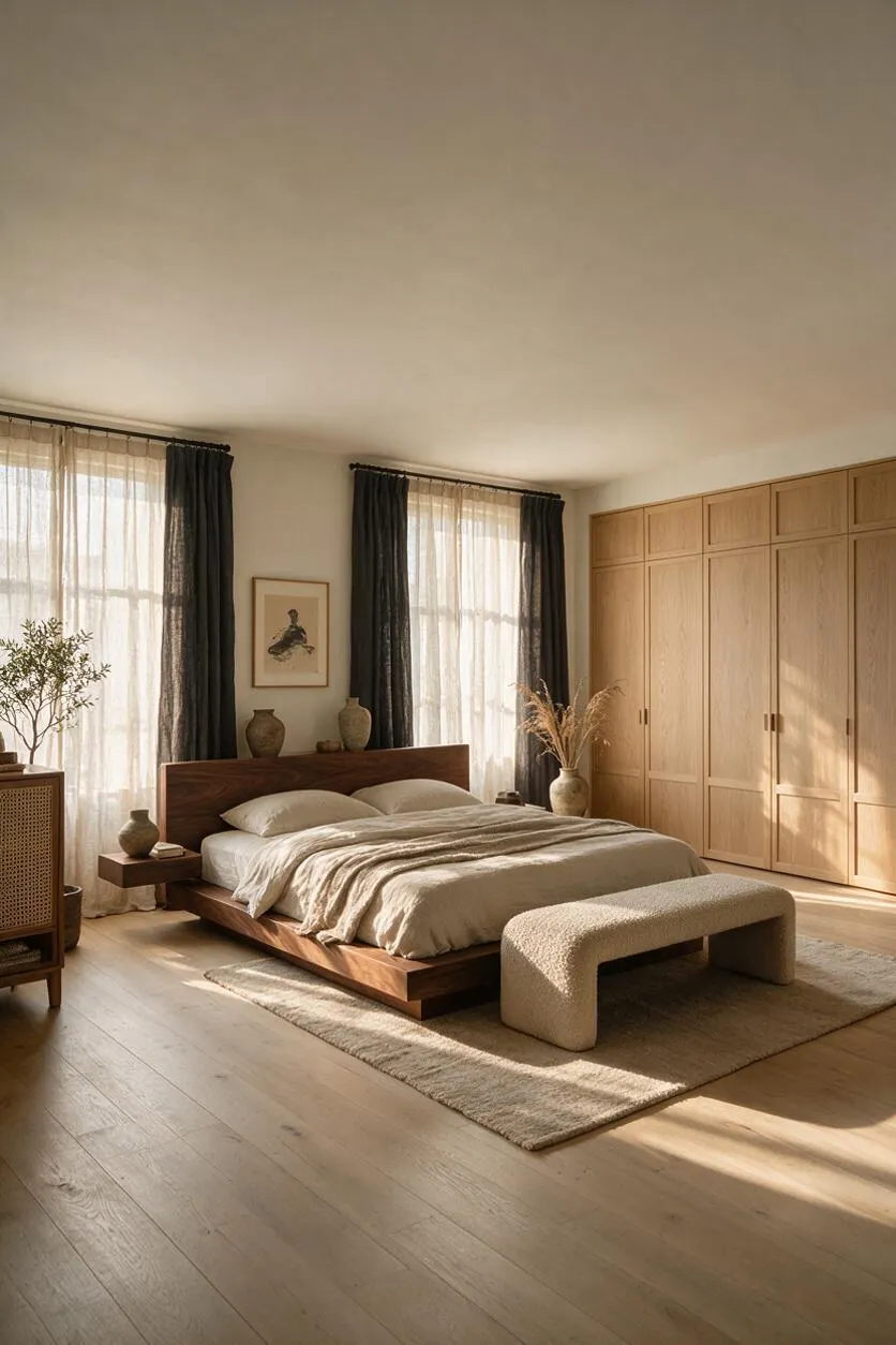 A serene master bedroom with a low walnut platform bed, cream bedding, and a textured beige bench on a soft rug. Light oak built-in wardrobes line one wall, while sheer curtains with dark drapes frame tall windows and warm natural light fills the room.
