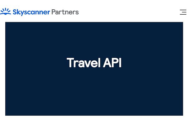 Skyscanner Partners webpage showing a section titled Travel API with a simple dark blue background.